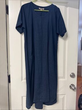 Flax Navy Blue Linen Scoop-Neck Midi Dress